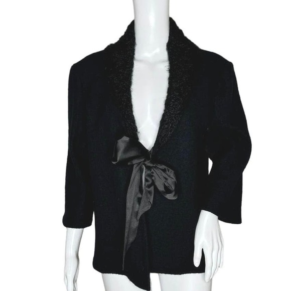Coldwater Creek Jacket Womens Large Black Wool‎  Ribbon Tie Bow Wide Lapel Boho - Picture 1 of 8